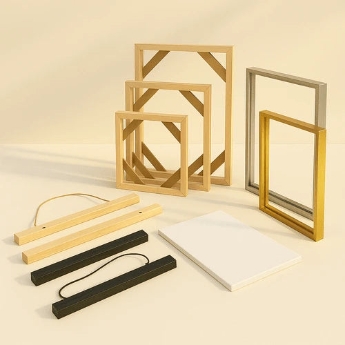 Set of wooden picture frames and stands on a beige background