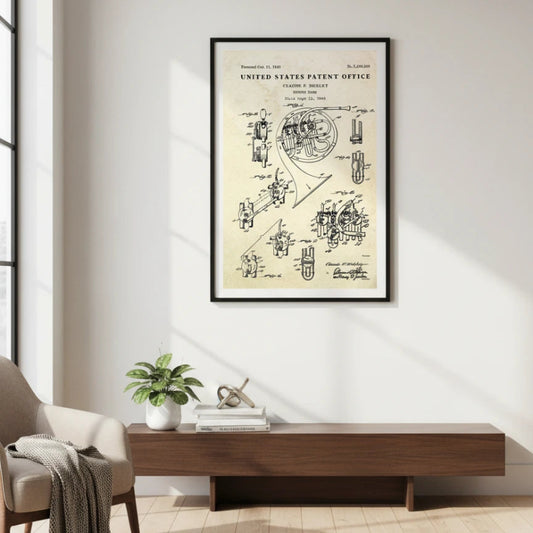 Framed patent poster on a wall in a modern living room Canvas & Curio