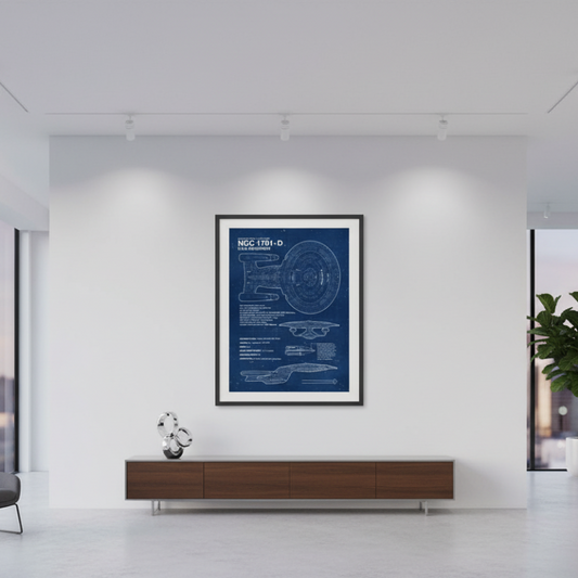 Modern office interior with a framed blueprint on the wall Canvas & Curio