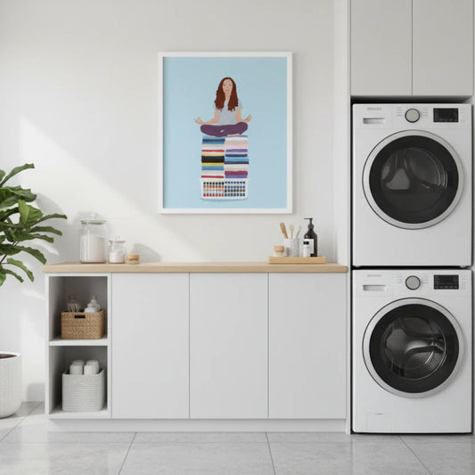 Modern laundry room with washing machines, shelves, and a decorative poster on the wall. Canvas & Curio