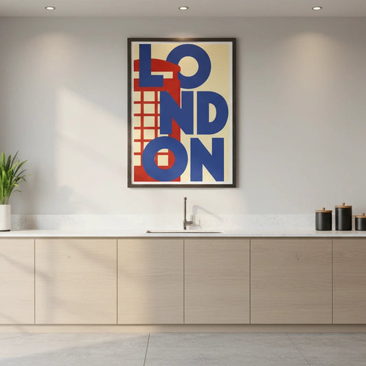 Modern kitchen with 'London' artwork on the wall Canvas & Curio