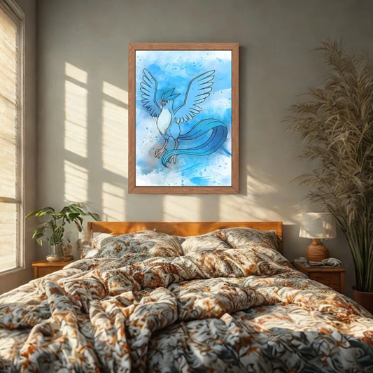 An image of a framed anime character on top of a bed. Canvas & Curio