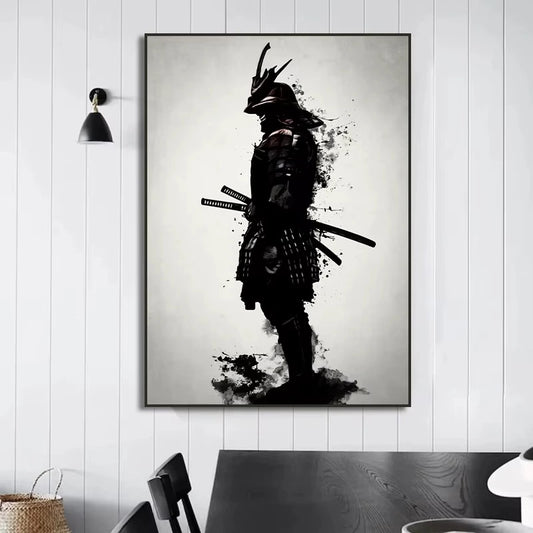 Framed artwork of a samurai on a wall in a room with a table and chairs. Canvas & Curio