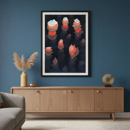 Living room with a gray sofa, wooden cabinet, and abstract art on the wall. Canvas & Curio