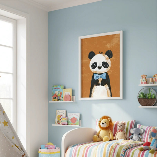 Children's bedroom with a panda poster on the wall, colorful bedding, and toys. Canvas & Curio