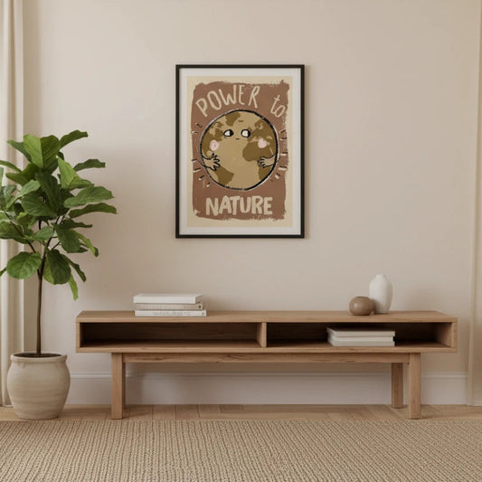 Modern living room with a plant, armchair, and framed poster on the wall. Canvas & Curio