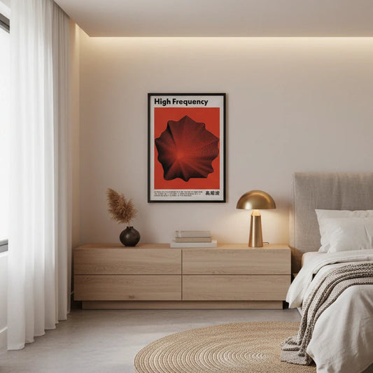 Modern bedroom with a bed, nightstands, and a wall poster. Canvas & Curio