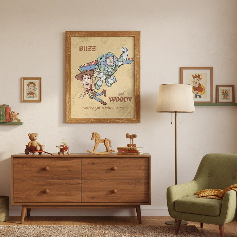 Nursery room with wooden dresser, green chair, and framed picture of Buzz and Woody.