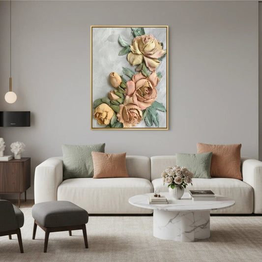 Modern living room with a floral painting on the wall, gray sofa, and marble coffee table. Canvas & Curio