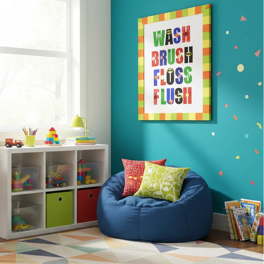 Children's playroom with colorful decor, furniture, and toys. Canvas & Curio