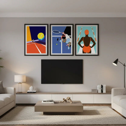 Modern living room with artwork on the wall and a television.