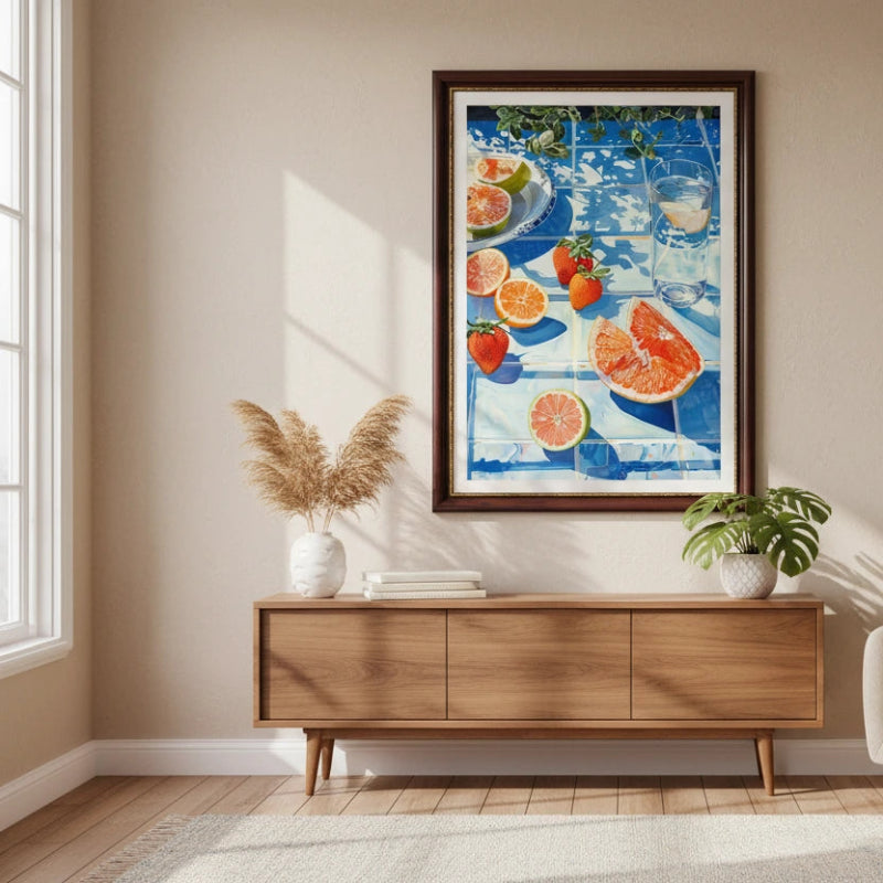 Living room with a colorful abstract painting, wooden sideboard, and white armchair.