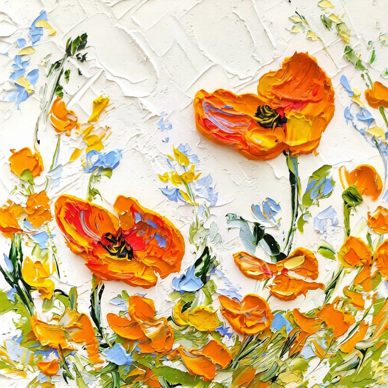 Artistic depiction of orange flowers on a textured white background