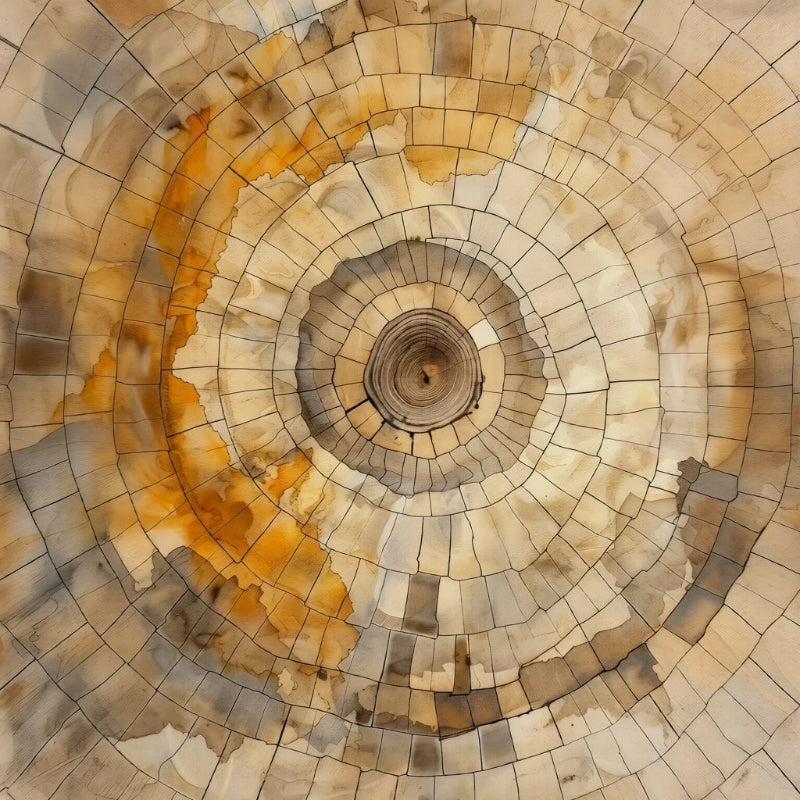 Spiral pattern of circular tiles in brown and beige tones