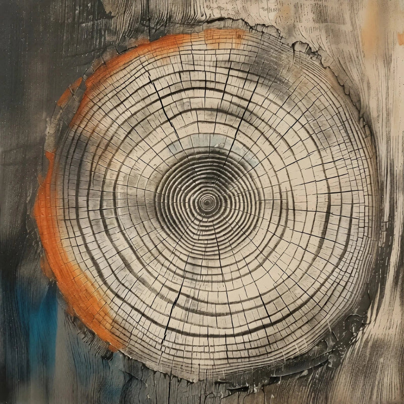 Close-up of a tree stump with concentric rings on a textured background
