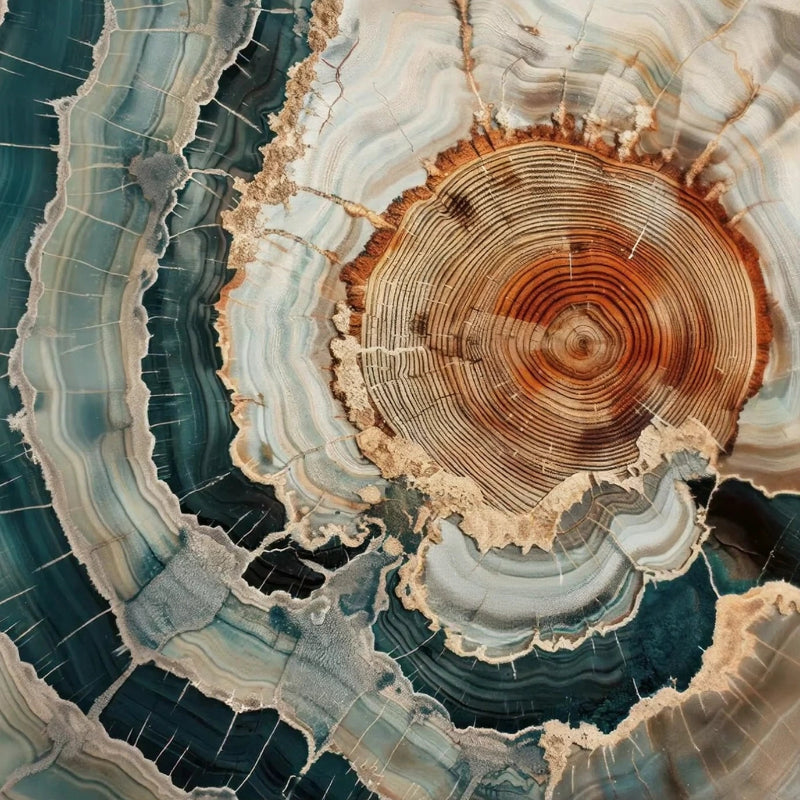 Close-up of a tree stump with concentric rings and a multicolored geode-like exterior.