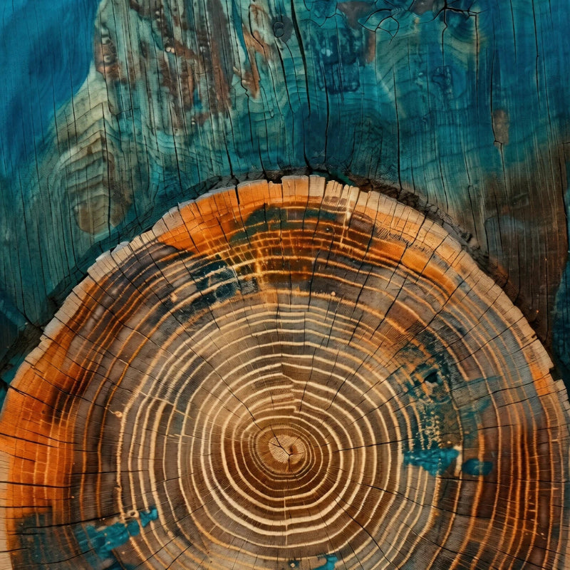 Close-up of a tree stump with visible growth rings on a blue and orange background
