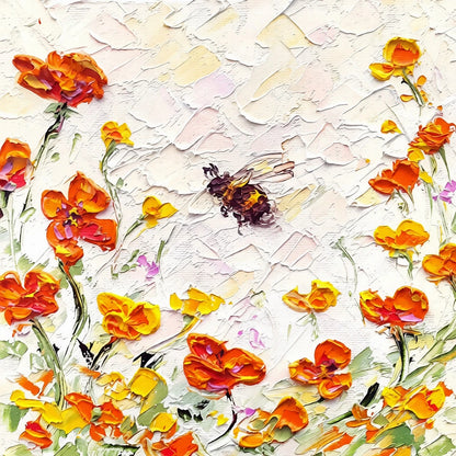 Colorful floral arrangement with a bee on a textured white background
