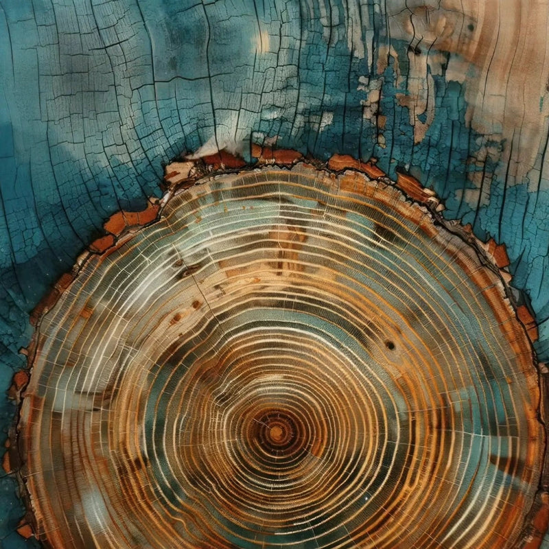 Close-up of a tree trunk cross-section showing annual rings.