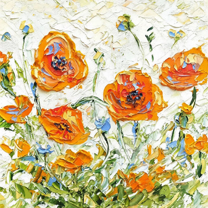 Artistic depiction of orange flowers with green stems on a textured white background