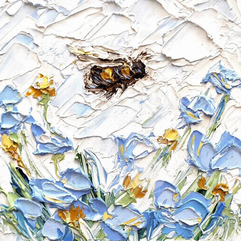 Artistic depiction of a bee among blue and yellow flowers on textured white background
