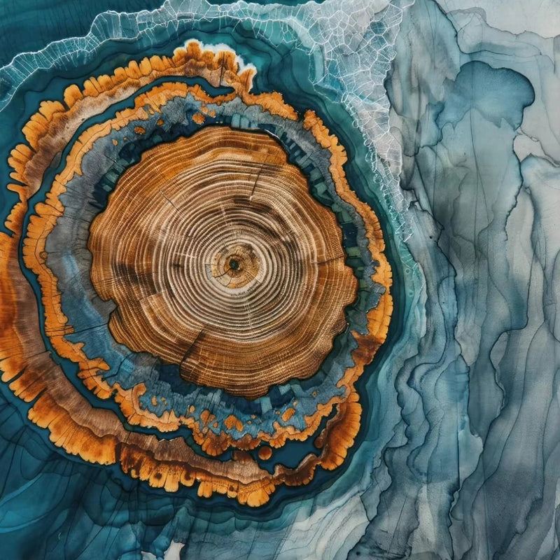 Close-up of a tree stump with concentric rings on a blue and orange abstract background