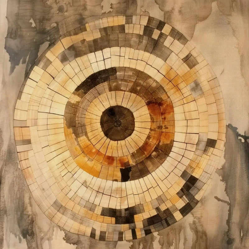 Circular mosaic design with concentric circles on a textured background