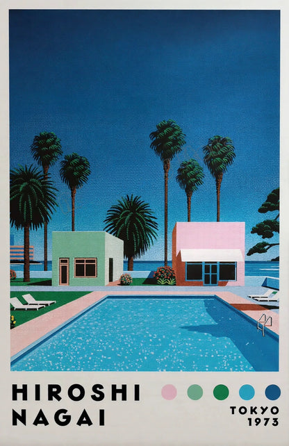 Artistic depiction of a pool scene with palm trees and buildings, featuring the artist Hiroshi Nagai and the year 1973.