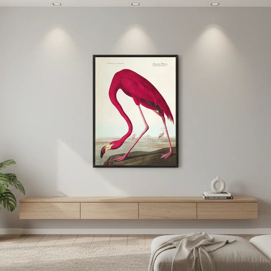 Flamingo artwork on a wall in a modern living room Canvas & Curio