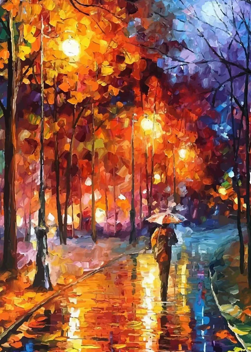 Colorful painting of a person with an umbrella walking down a street at night.