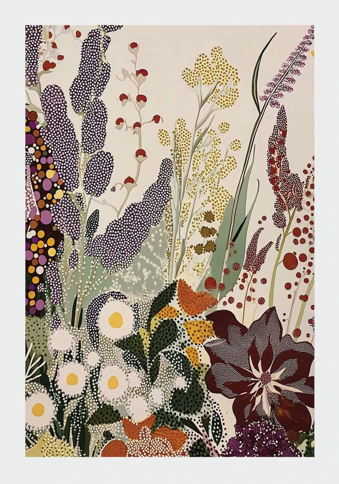 Decorative rug with a floral and botanical pattern on a beige background