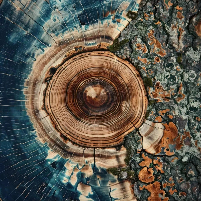 Close-up of a tree stump with detailed annual rings and lichen growth.