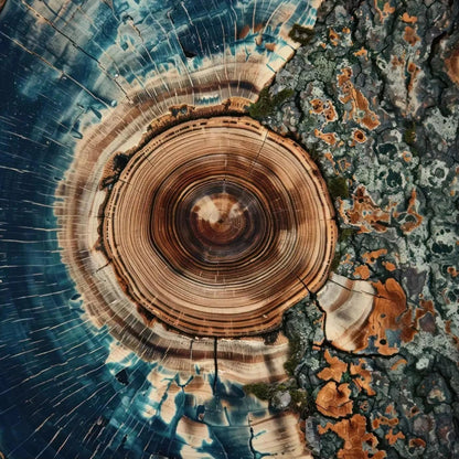 Close-up of a tree stump with detailed annual rings and lichen growth.