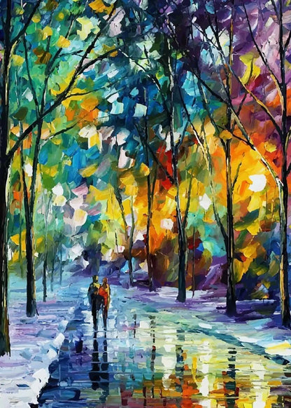 Colorful abstract painting of a forest path with two figures walking.