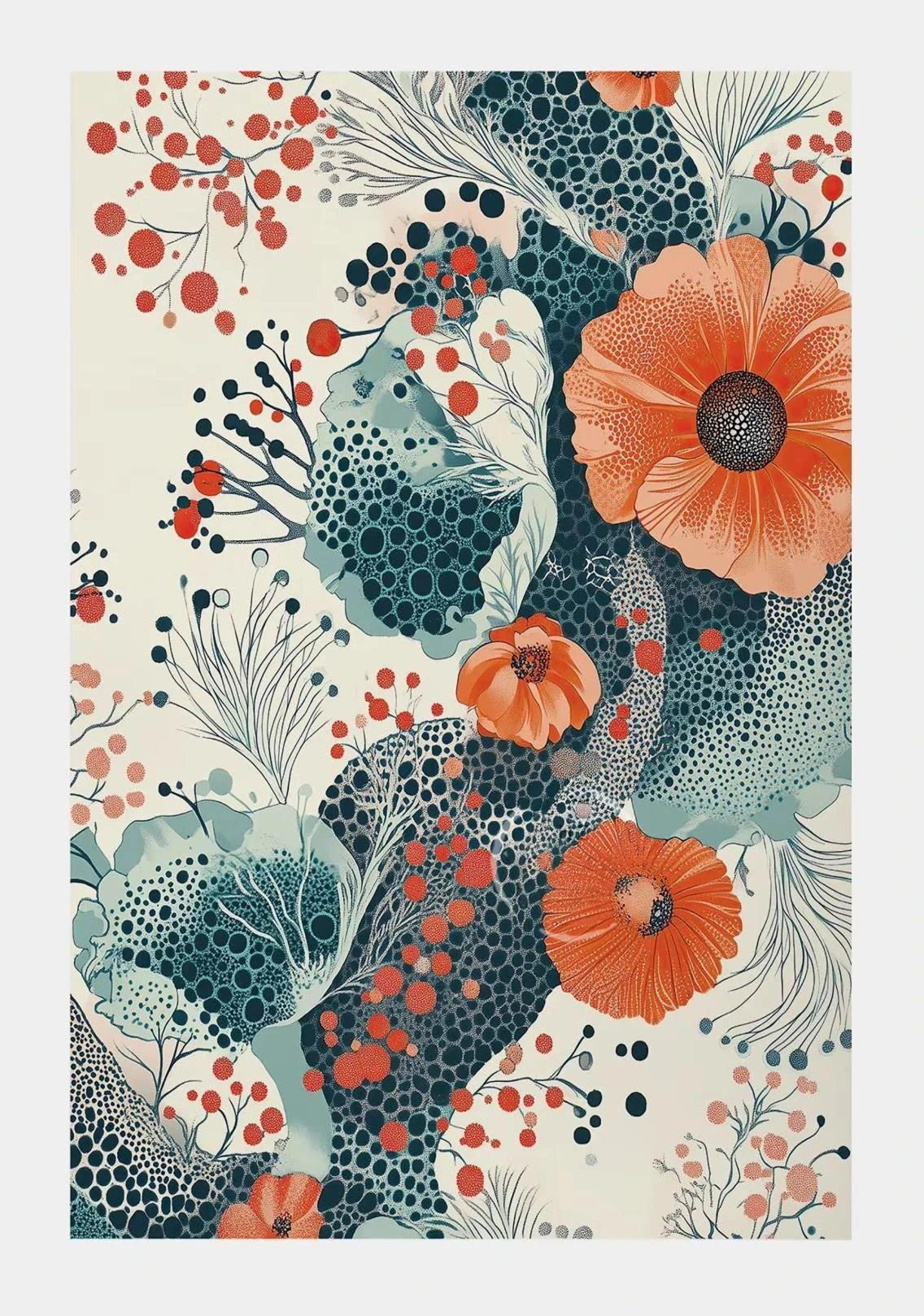 Colorful floral design with orange flowers and blue patterns on a beige background