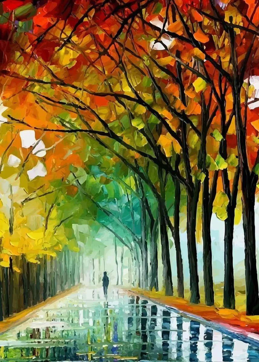 Colorful painting of a forest path with autumn foliage