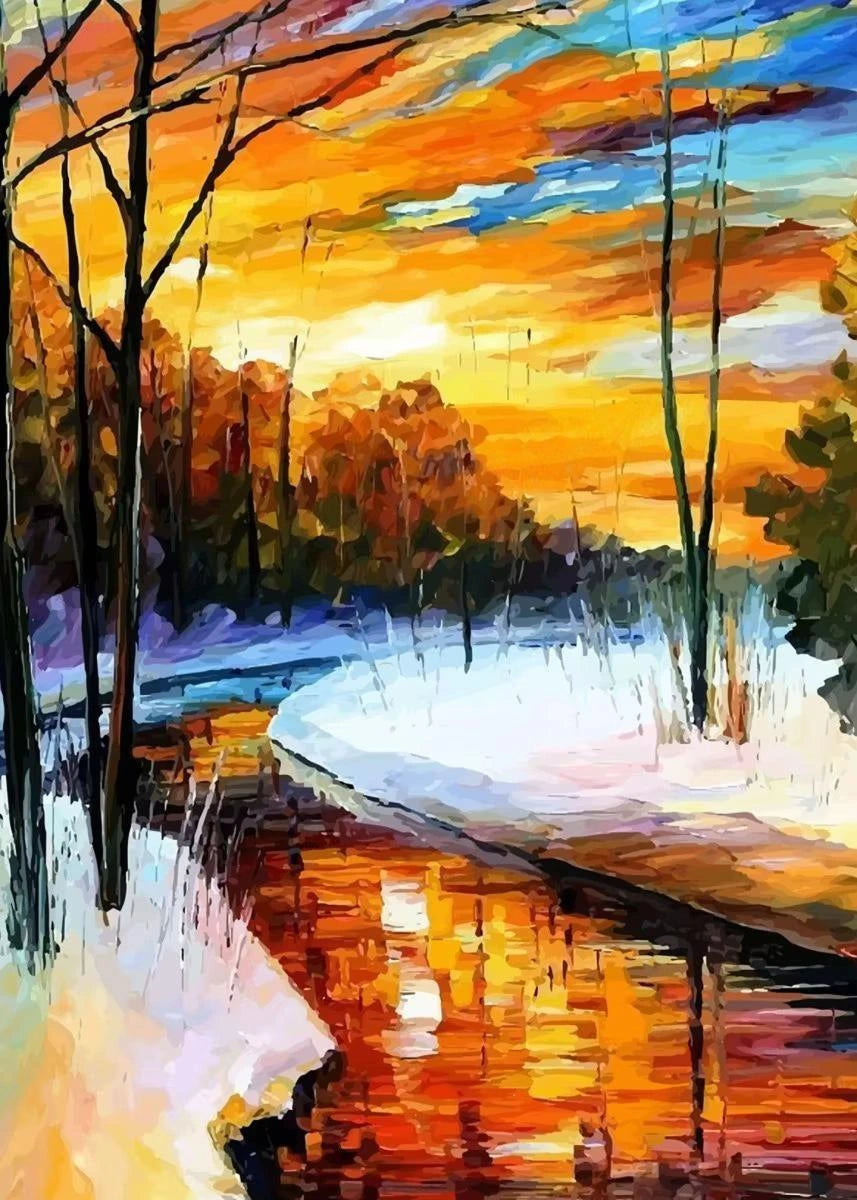 Colorful abstract painting of a sunset over a lake with trees.
