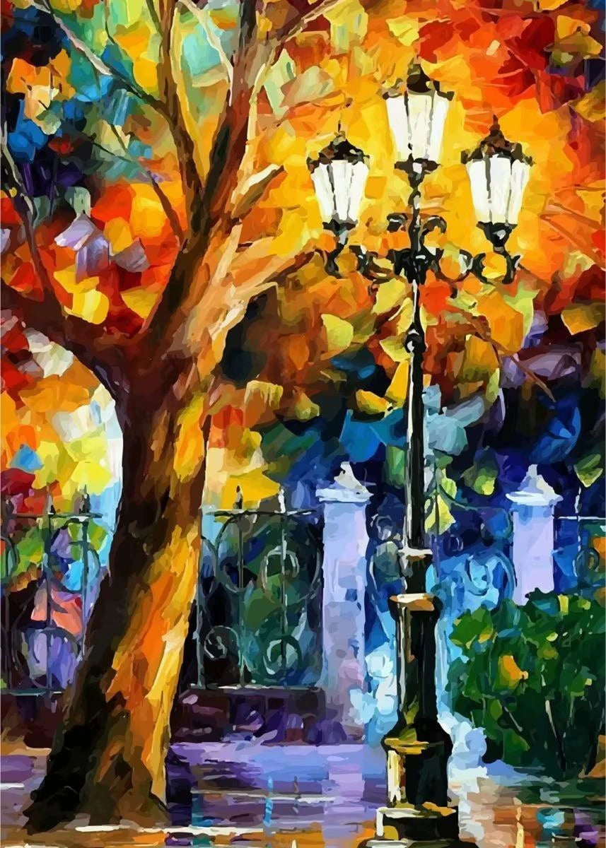 Colorful painting of a tree and street lamps in an urban setting