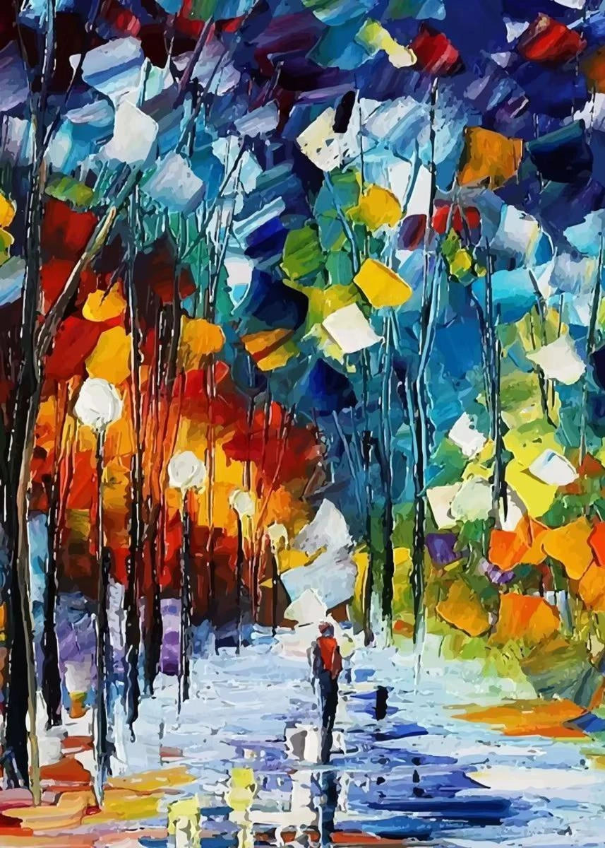 Colorful abstract painting of a forest with a person walking on a path.