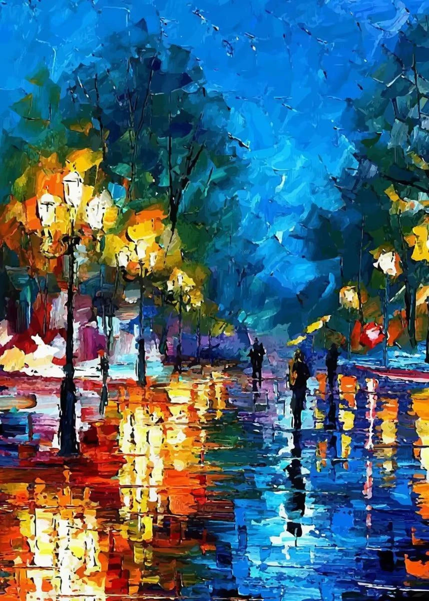 Colorful painting of a street scene with people walking under streetlights.