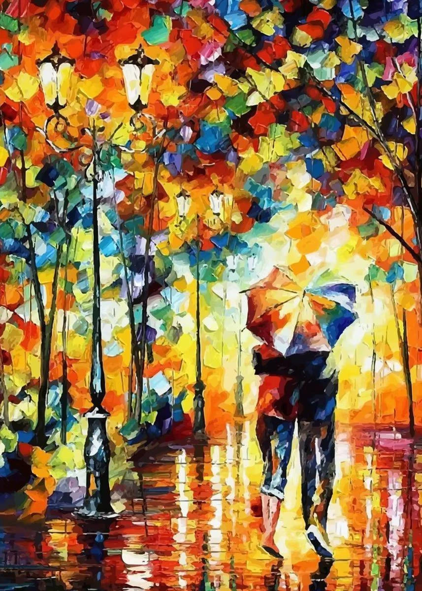 Colorful painting of a couple under an umbrella walking through a rain-soaked street with flowers and lights.