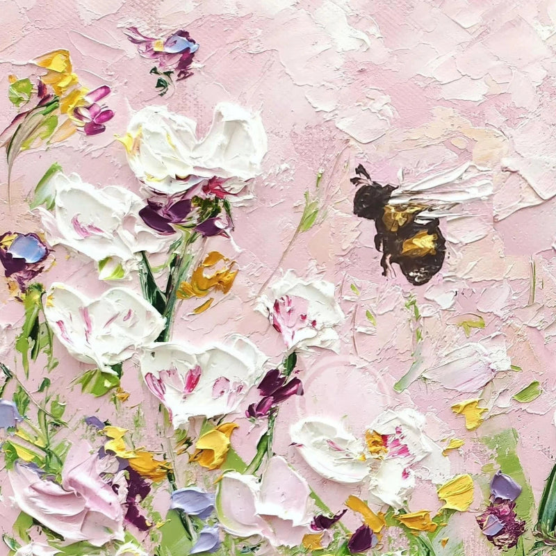 Floral pattern with a bee on a textured pink background, featuring HZ Canvas Store branding.